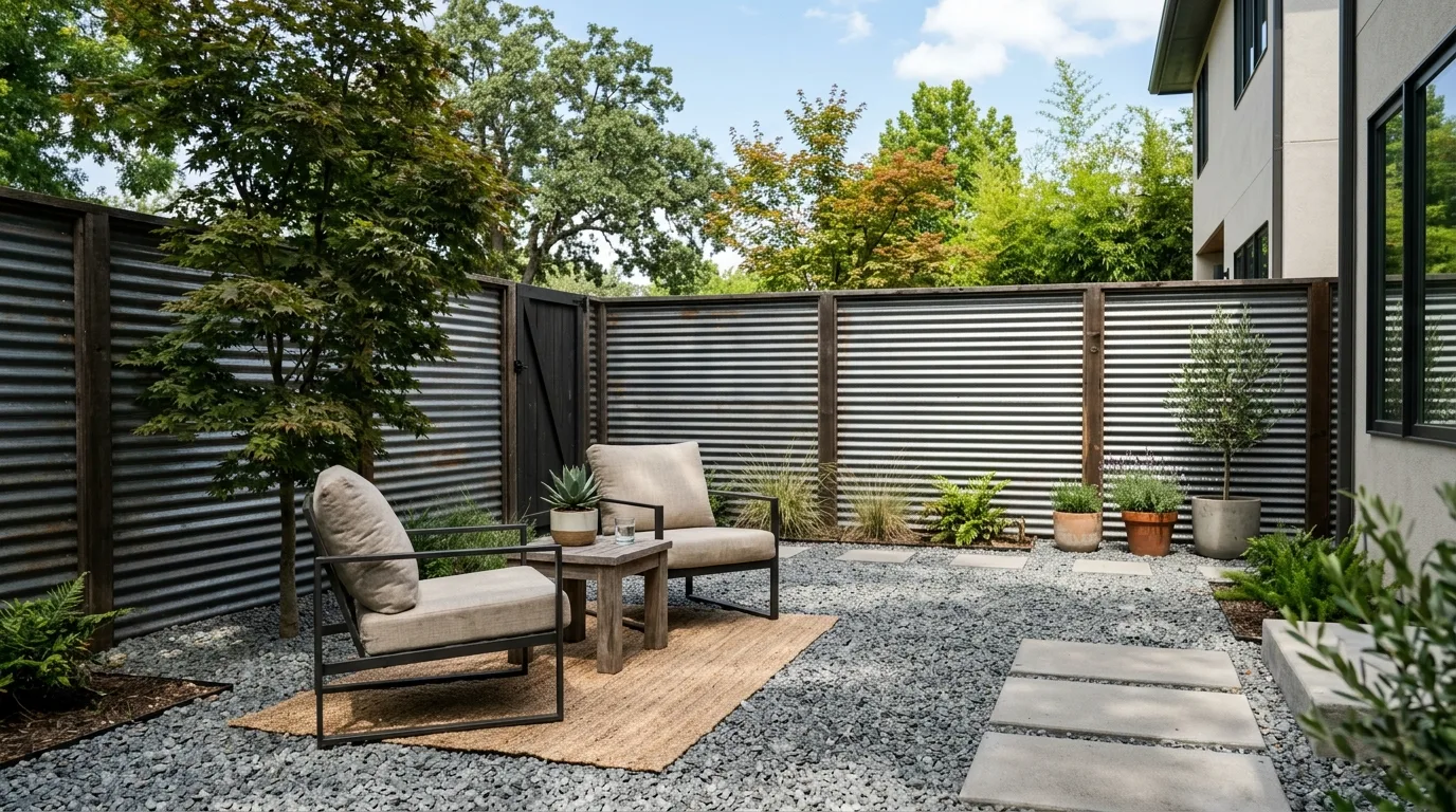 Minimal Backyard With Gravel and Metal Fence